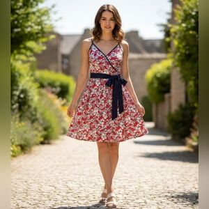 VINEYARD VINES Floral Faux-Wrap Summer Sundress - Red White Blue - Size S